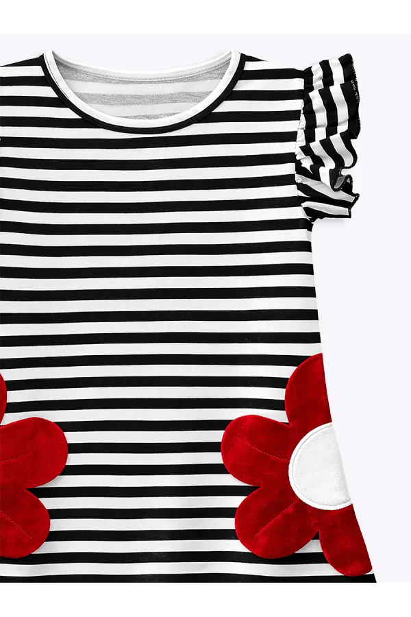 Black and White Striped Girl's Dress with Red Daisy Pockets