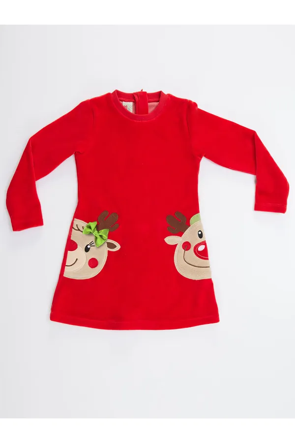 İkiz Geyik Kız Kadife Kırmızı Yılbaşı Elbisesi