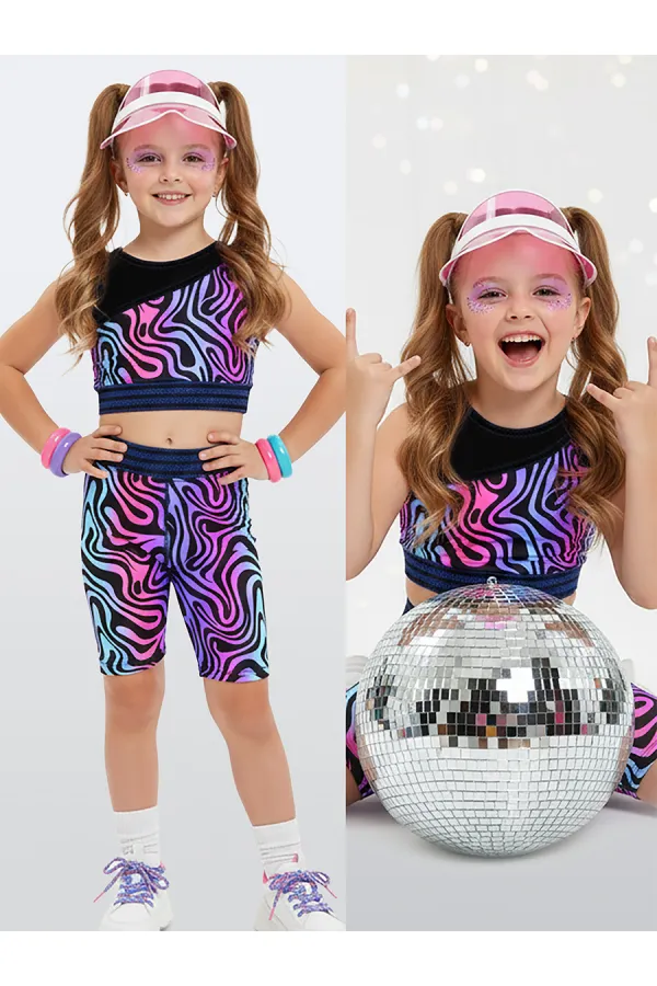 Renkli Zebra Crop Top Kız Çocuk Spor Tayt Takım