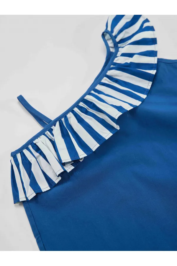 Strawberry Patterned Woven Girl's Navy Blue Dress