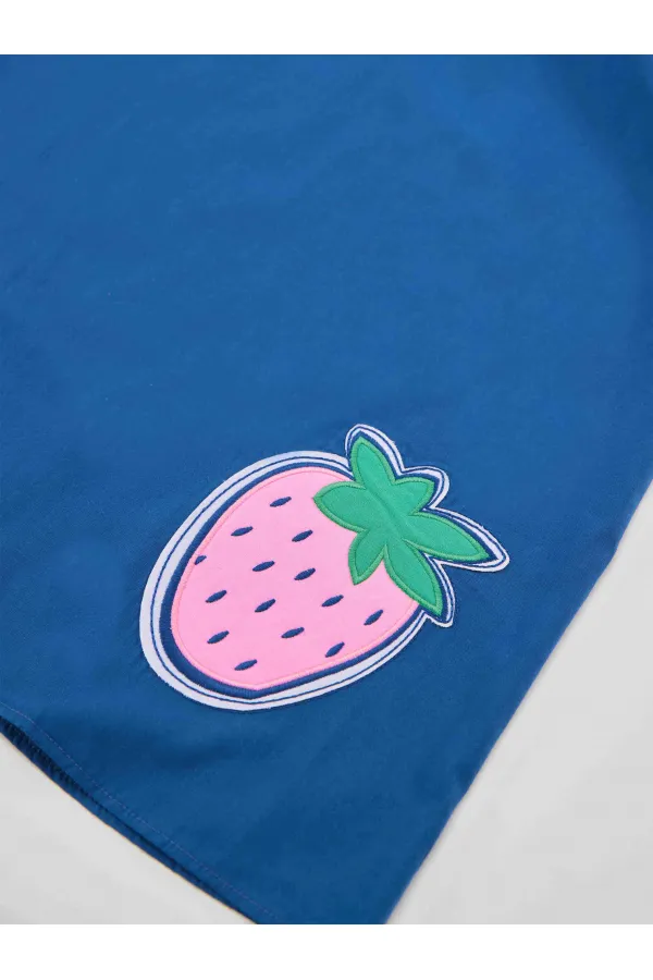 Strawberry Patterned Woven Girl's Navy Blue Dress