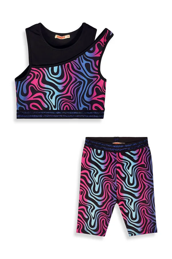 Renkli Zebra Crop Top Kız Çocuk Spor Tayt Takım