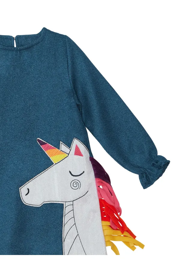 Renkli Unicorn Kız Çocuk Dokuma Elbise