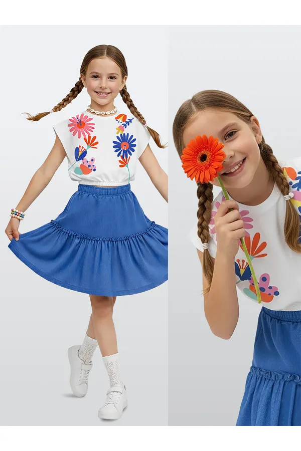 Renkli Çiçekler Kız Çocuk T-shirt Etek Takım