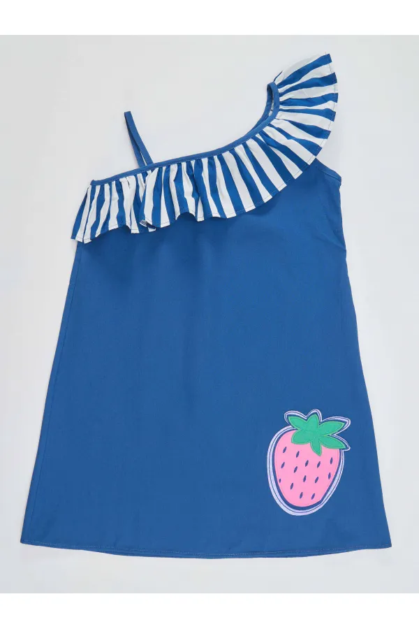 Strawberry Patterned Woven Girl's Navy Blue Dress