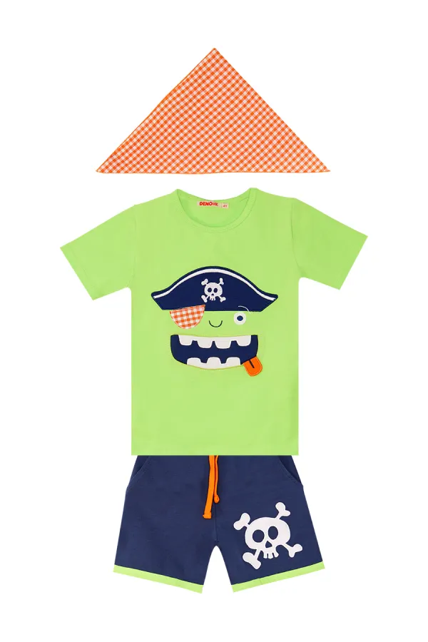 3D Yeşil Korsan Çocuk T-shirt Şort Bandana Takım