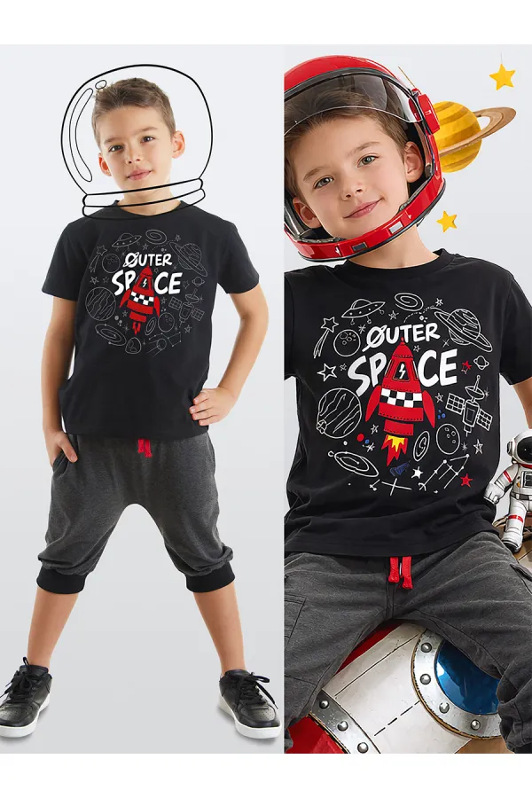 Uzay Roketi Erkek Çocuk T-shirt Kapri Şort Takım