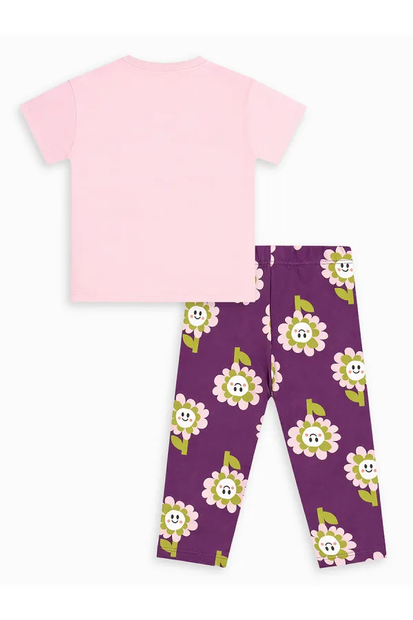 Pembe Çiçekler Kız Çocuk T-shirt Tayt Takım