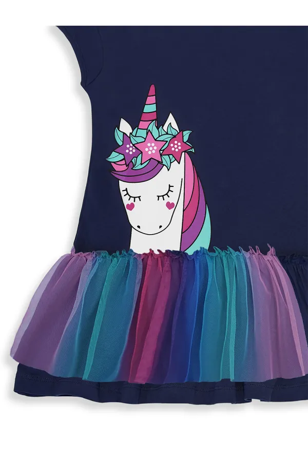 Robe d'été bleu marine en tulle à motif licorne pour fille