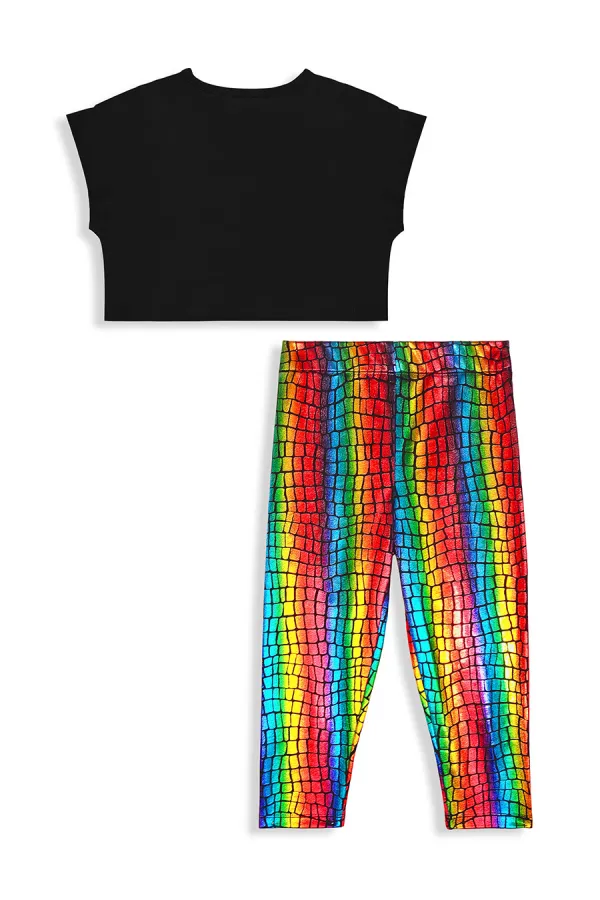 Renkli Varak Kız Çocuk Crop T-shirt Tayt Takım