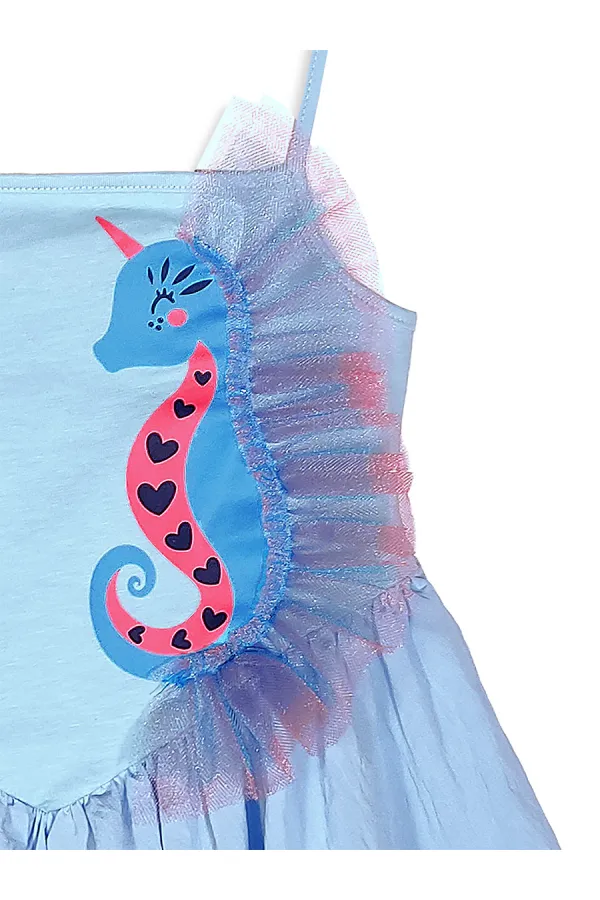 Seahorse Girl's Ruffled Blue Dress