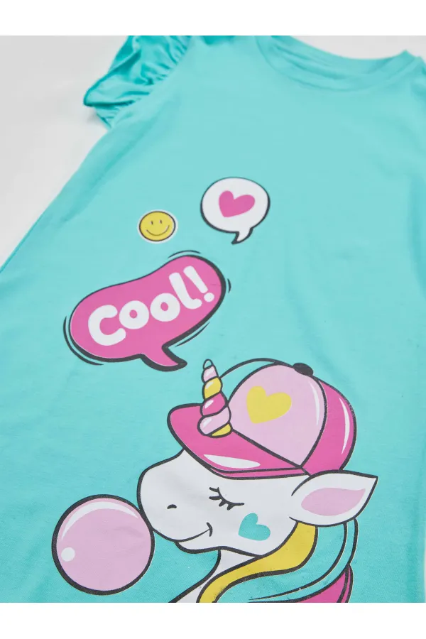 Sakızlı Unicorn Kız Çocuk Turkuaz Elbise