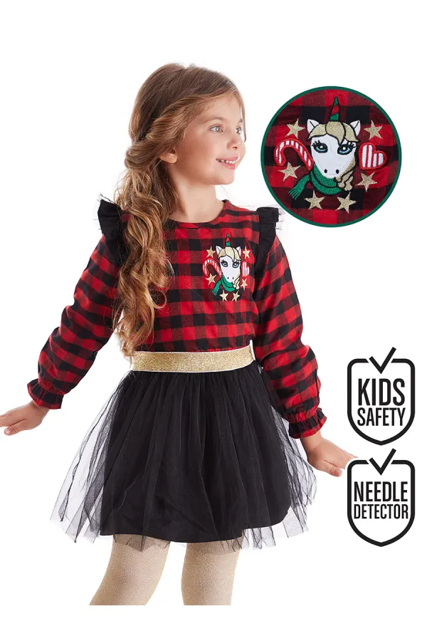 Robe de Noël rouge à carreaux licorne en tulle pour petite fille