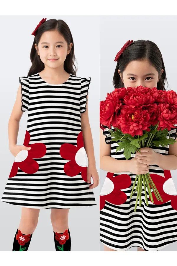 Black and White Striped Girl's Dress with Red Daisy Pockets