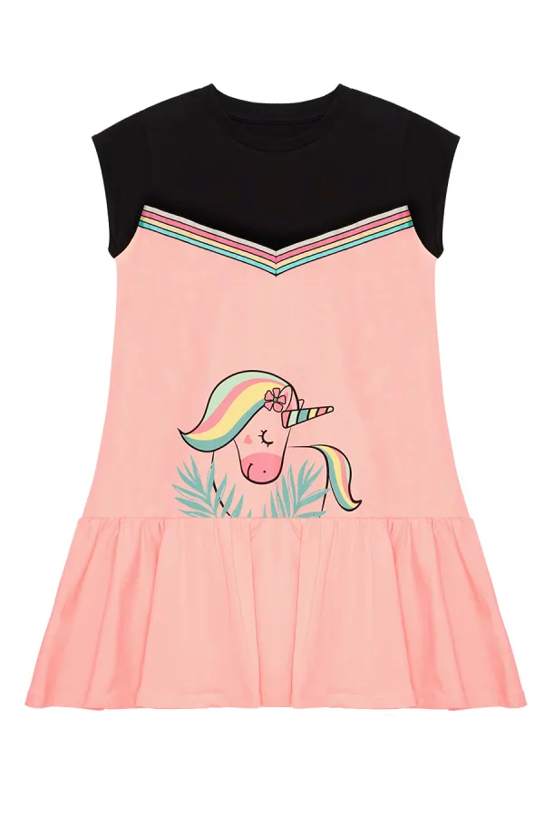 Robe saumon noire à motif licorne florale pour fille