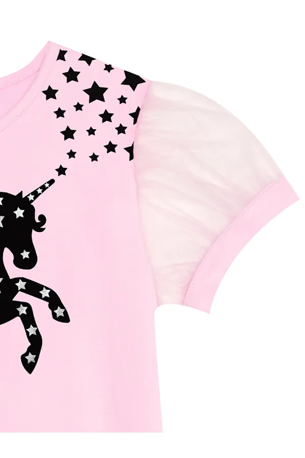 Yıldızlı Unicorn Kız Çocuk Pembe Tüllü Elbise