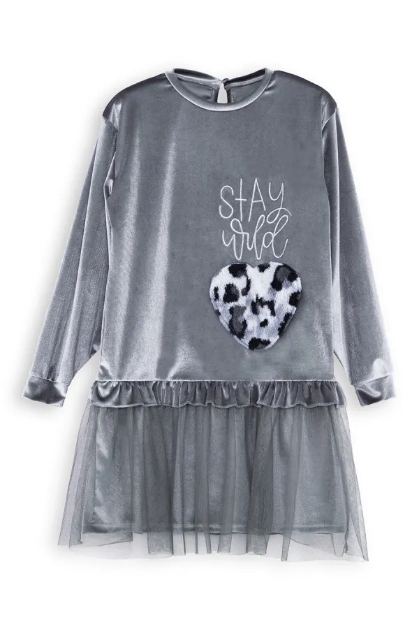 Robe en velours gris à poches pour fille, imprimé léopard