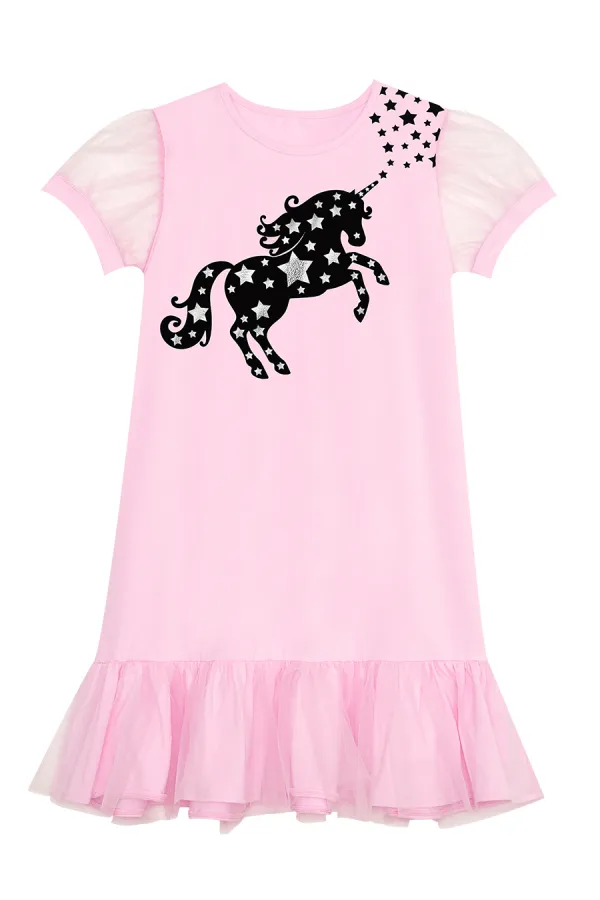 Yıldızlı Unicorn Kız Çocuk Pembe Tüllü Elbise