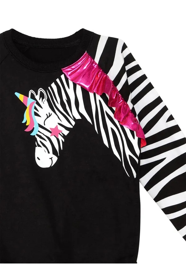 Fırfırlı Zebra Kız Çocuk Siyah Sweat