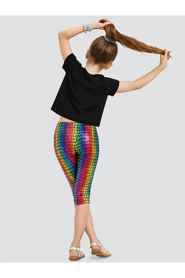 Renkli Varak Kız Çocuk Crop T-shirt Tayt Takım