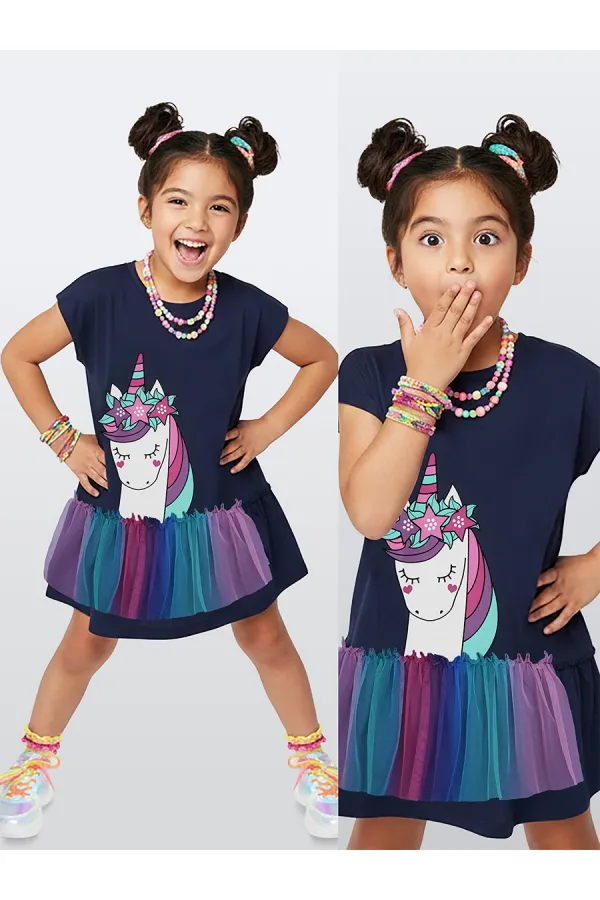 Robe d'été bleu marine en tulle à motif licorne pour fille