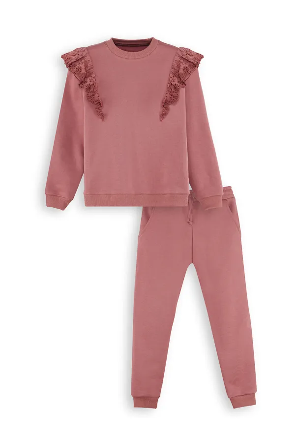 Ruffled Girl's Rose Pink Tracksuit Set
