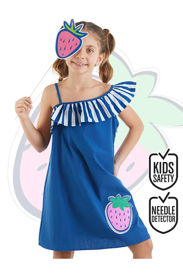 Strawberry Patterned Woven Girl's Navy Blue Dress