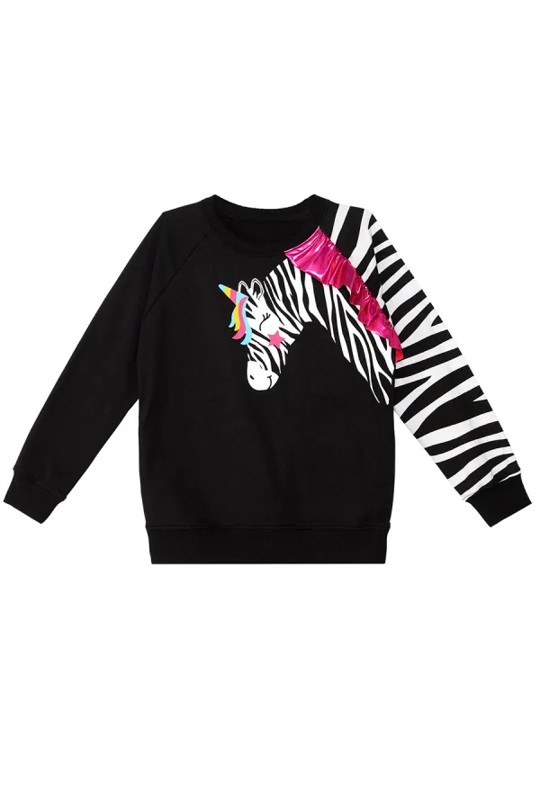 Fırfırlı Zebra Kız Çocuk Siyah Sweat