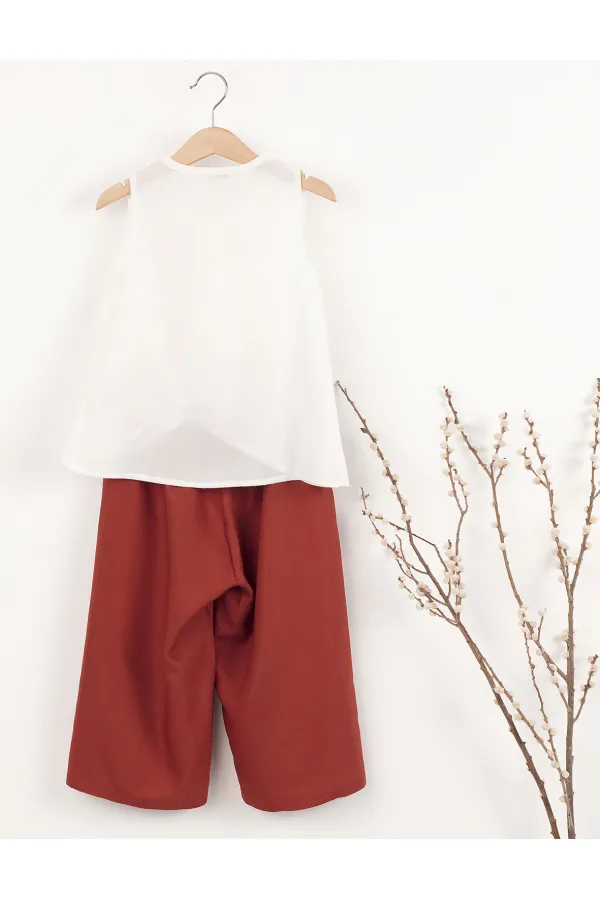 Besuto Kız Çocuk Dokuma Bluz Kapri Pantolon Takım