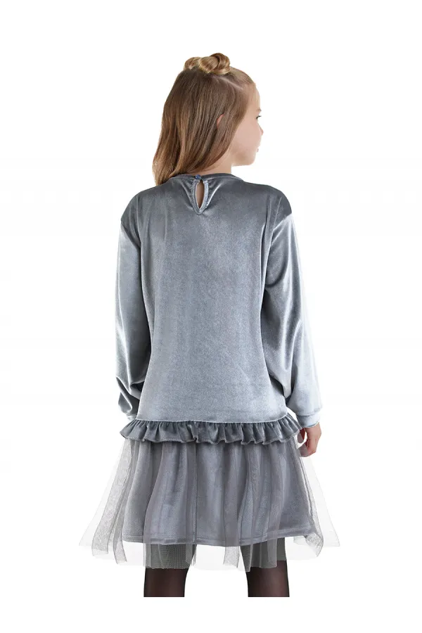 Robe en velours gris à poches pour fille, imprimé léopard