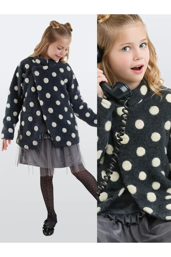 Beyaz Puantiye Kız Çocuk Füme Mont Palto