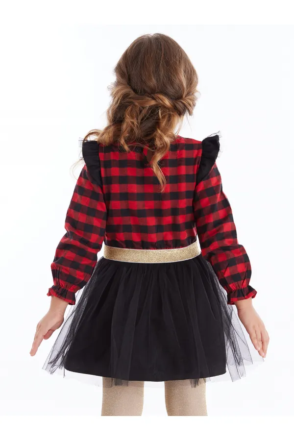 Robe de Noël rouge à carreaux licorne en tulle pour petite fille