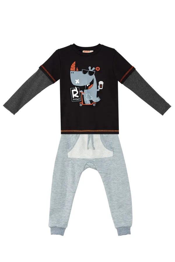 Rhino Erkek Çocuk Siyah T-shirt Eşofman Altı Takım