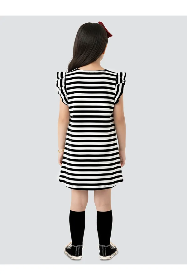 Black and White Striped Girl's Dress with Red Daisy Pockets
