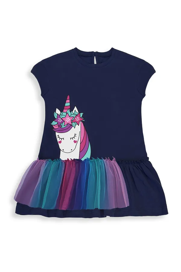 Robe d'été bleu marine en tulle à motif licorne pour fille