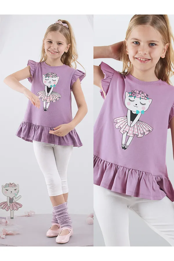 Floral Cat Girl's Purple T-shirt and Leggings Set