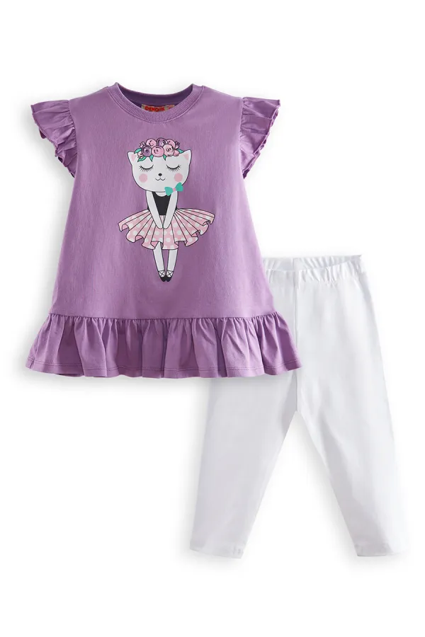 Floral Cat Girl's Purple T-shirt and Leggings Set
