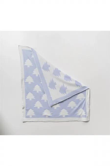 Çam Ağacı Desenli Çift Taraflı Bebek Triko Battaniye Mavi
