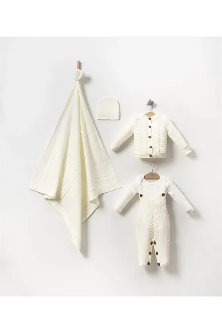 Salopette tricotée, gilet, body, bonnet - Coffret bébé 4 pièces