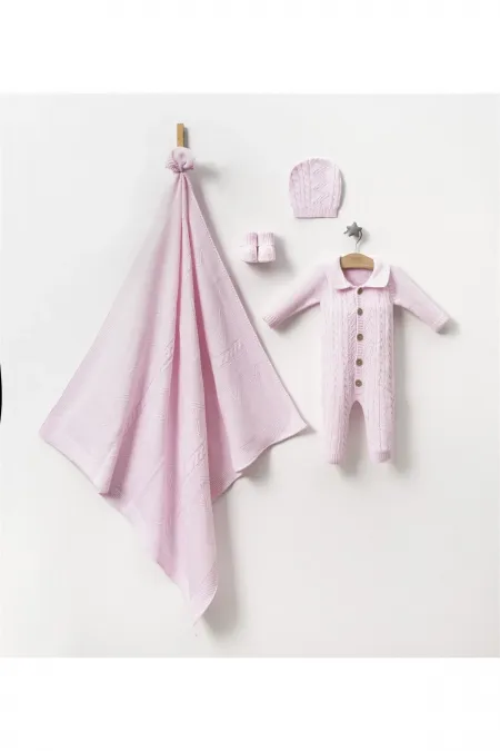 Grenouillère tricotée, couverture, chaussons, bonnet, coffret bébé 4 pièces