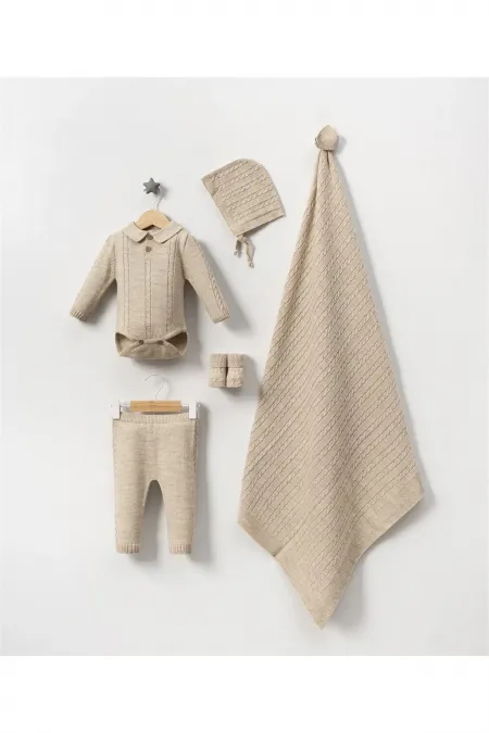 Triko Zıbın Alt Takım Şapka Battaniye Patik Bebek 4lü Kutulu Set