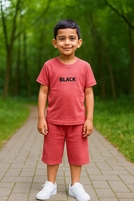 Black Baskı Fitillli Şortlu Basic Kız Erkek Çocuk Yazlık Şortlu Takım