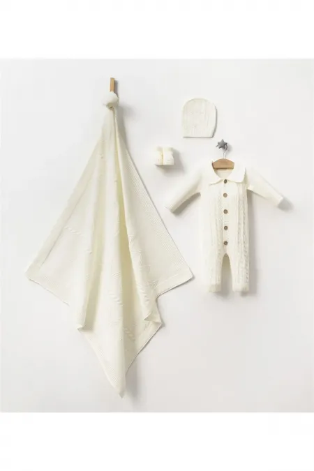 Triko Tulum Battaniye Patik Şapka Bebek 4lü Kutulu Set