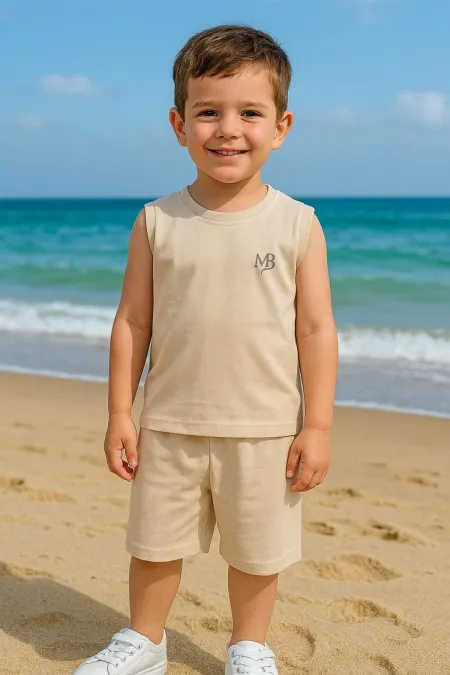 Kolsuz Reflektör MB Baskılı Kız Erkek Çocuk Yazlık Şortlu Takım