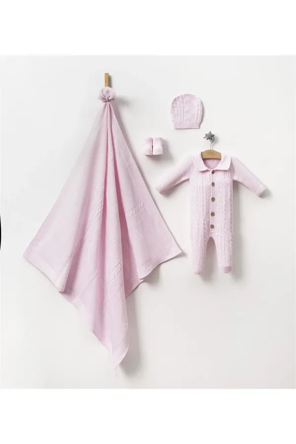 Grenouillère tricotée, couverture, chaussons, bonnet, coffret bébé 4 pièces