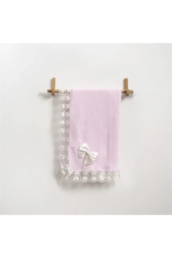 Kurdeleli Dantelli Bebek Triko Battaniye Pembe