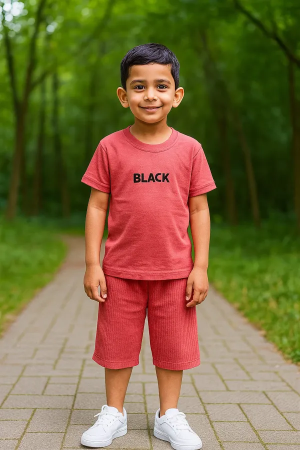 Black Baskı Fitillli Şortlu Basic Kız Erkek Çocuk Yazlık Şortlu Takım