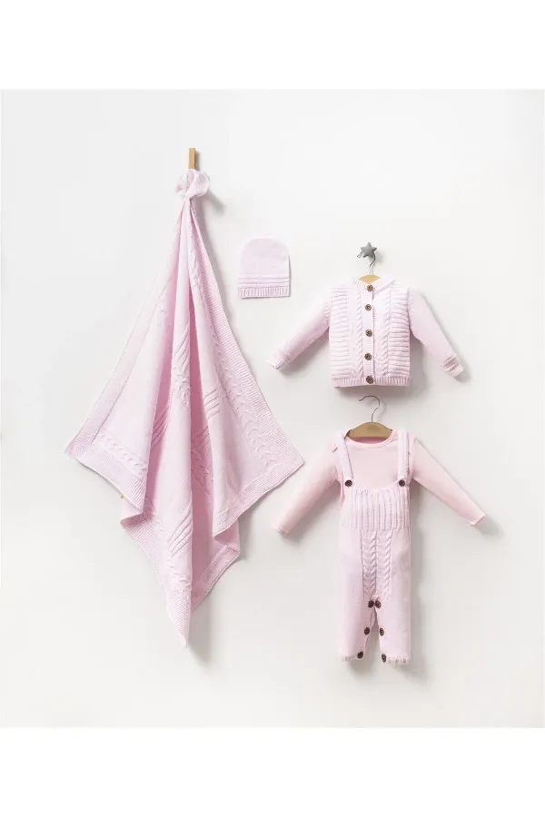 Triko Salopet Hırka Badi Şapka Bebek 4lü Kutulu Set