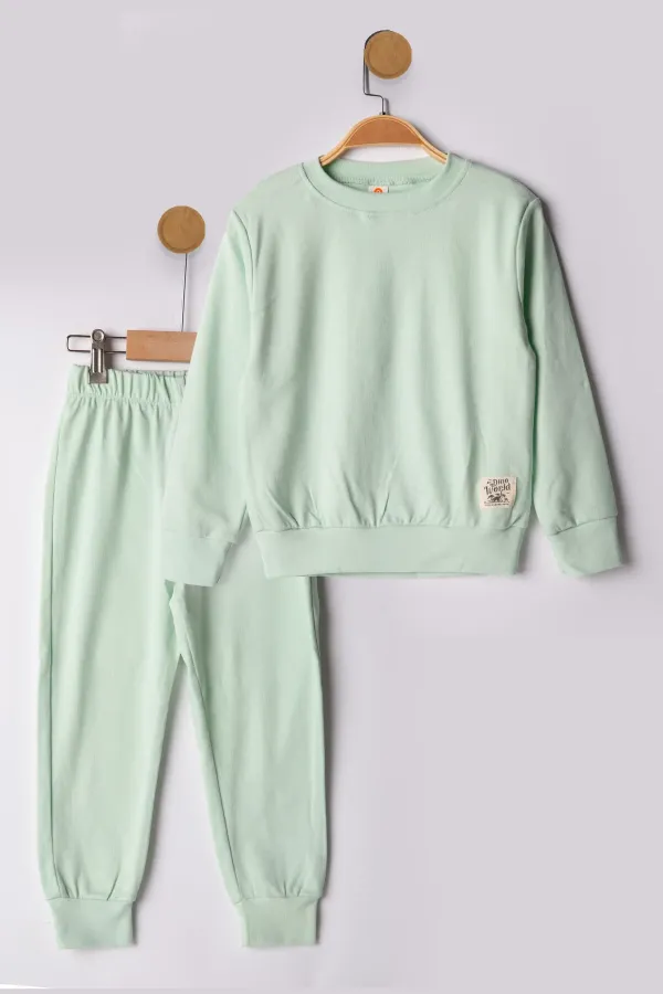 Basic Embellished 2-Thread Crew Neck Seasonal Children's Tracksuit Set