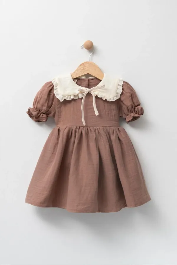 Yakalı Müslin Kız Çocuk Bebek Elbise